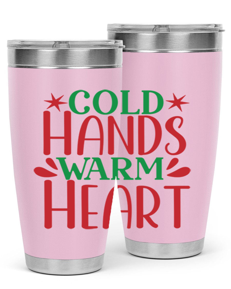 Cold Hands Warm Heart 20oz Tumbler in stainless steel with a drink-thru lid, showcasing its sleek design and vibrant print.