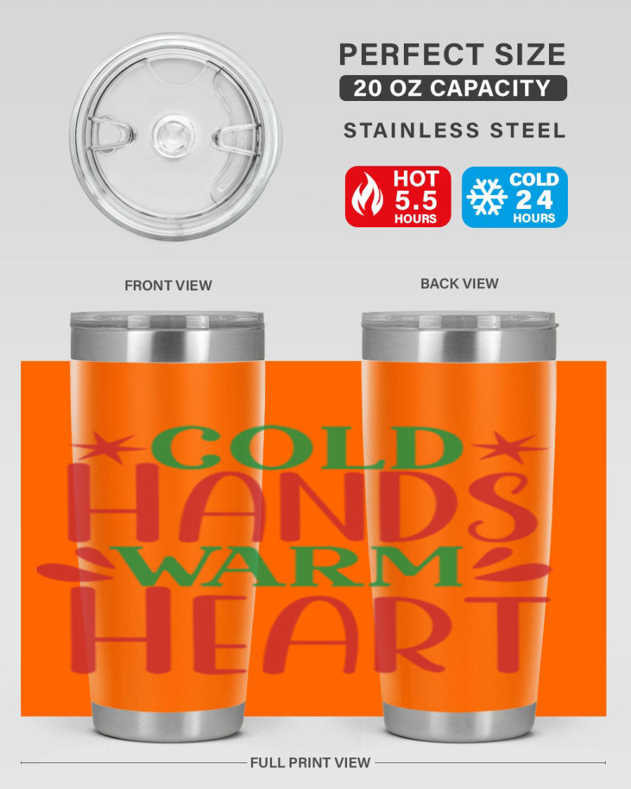 Cold Hands Warm Heart 20oz Tumbler in stainless steel with a drink-thru lid, showcasing its sleek design and vibrant print.