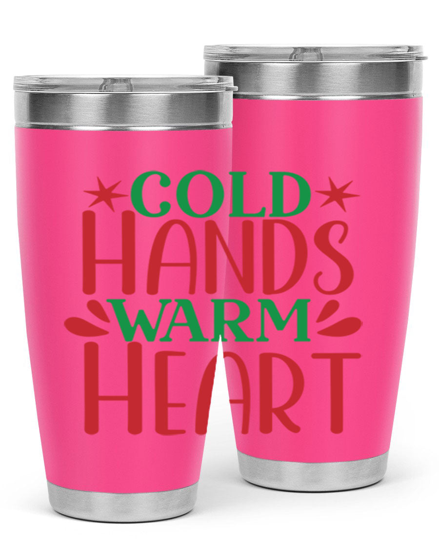 Cold Hands Warm Heart 20oz Tumbler in stainless steel with a drink-thru lid, showcasing its sleek design and vibrant print.