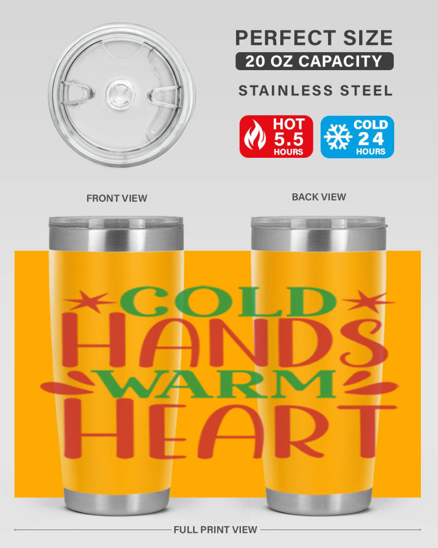 Cold Hands Warm Heart 20oz Tumbler in stainless steel with a drink-thru lid, showcasing its sleek design and vibrant print.