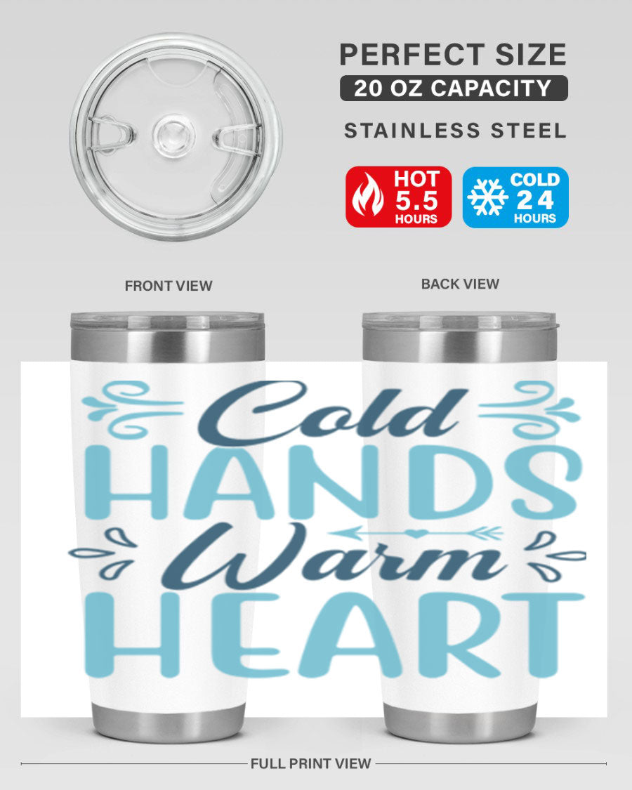 Cold Hands Warm Heart 50# Tumbler in stainless steel with a vibrant printed design, showcasing its double wall vacuum insulation and drink-thru lid.