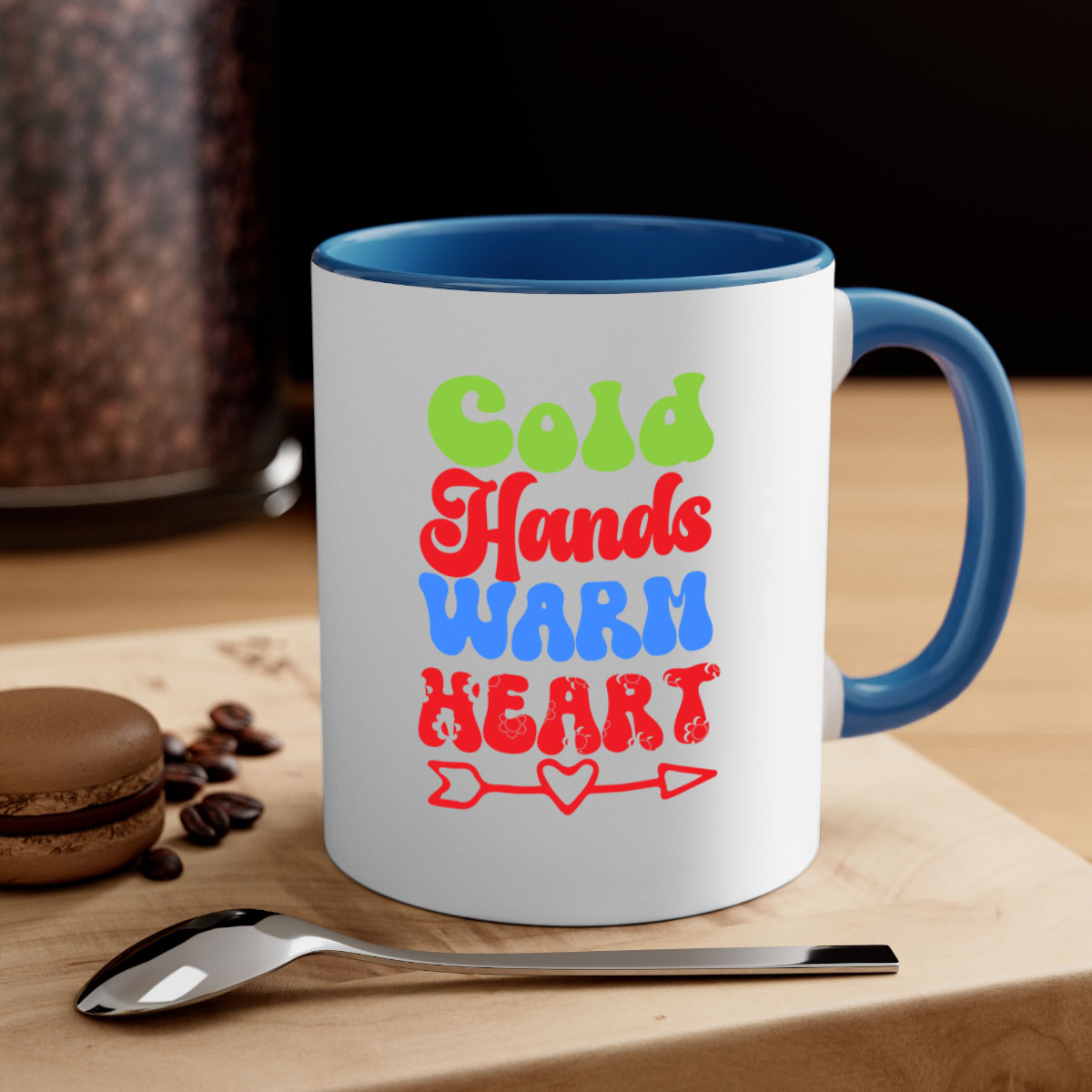 Cold Hands Warm Heart Mug in five color options with a glossy finish and C-shaped handle, perfect for coffee and tea.