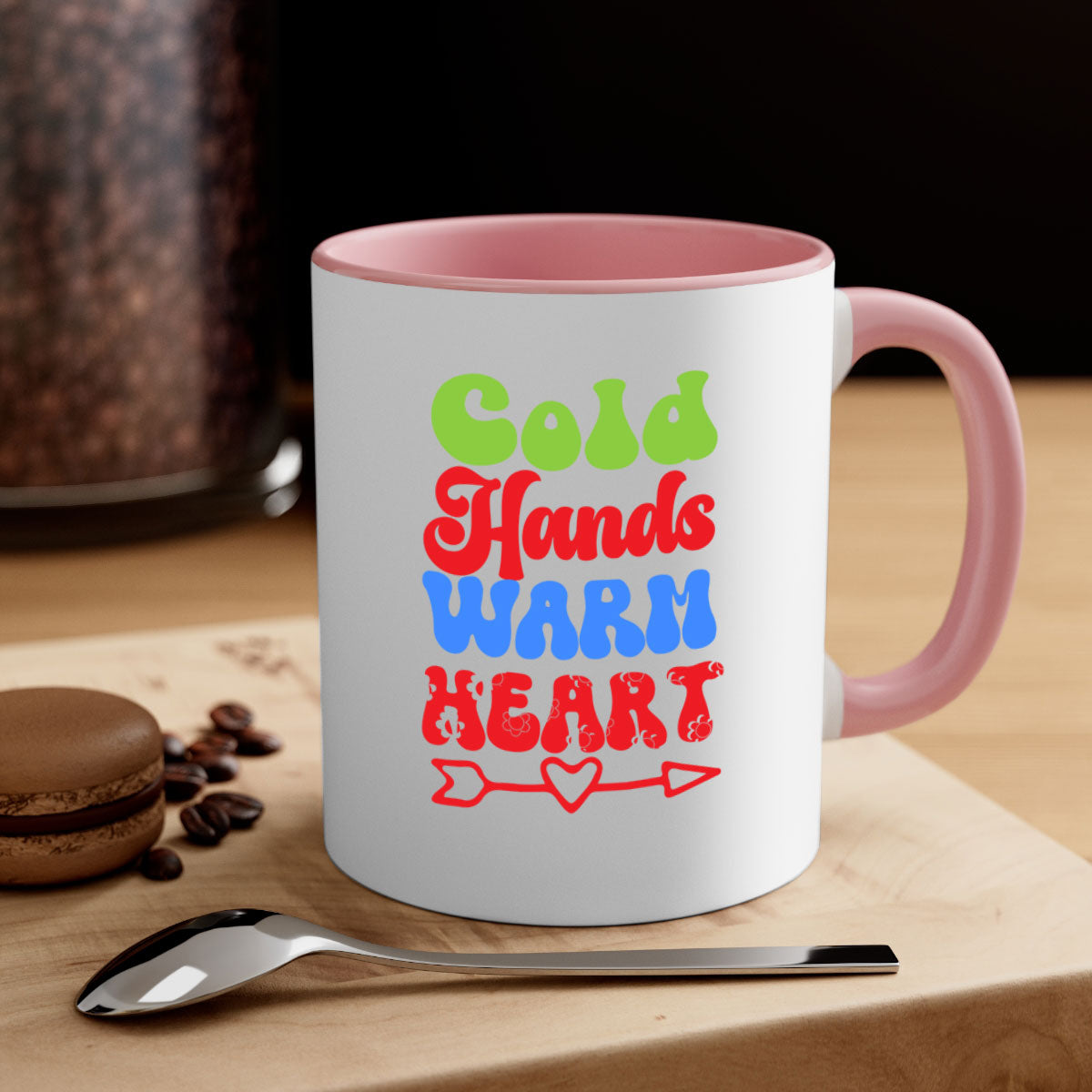 Cold Hands Warm Heart Mug in five color options with a glossy finish and C-shaped handle, perfect for coffee and tea.