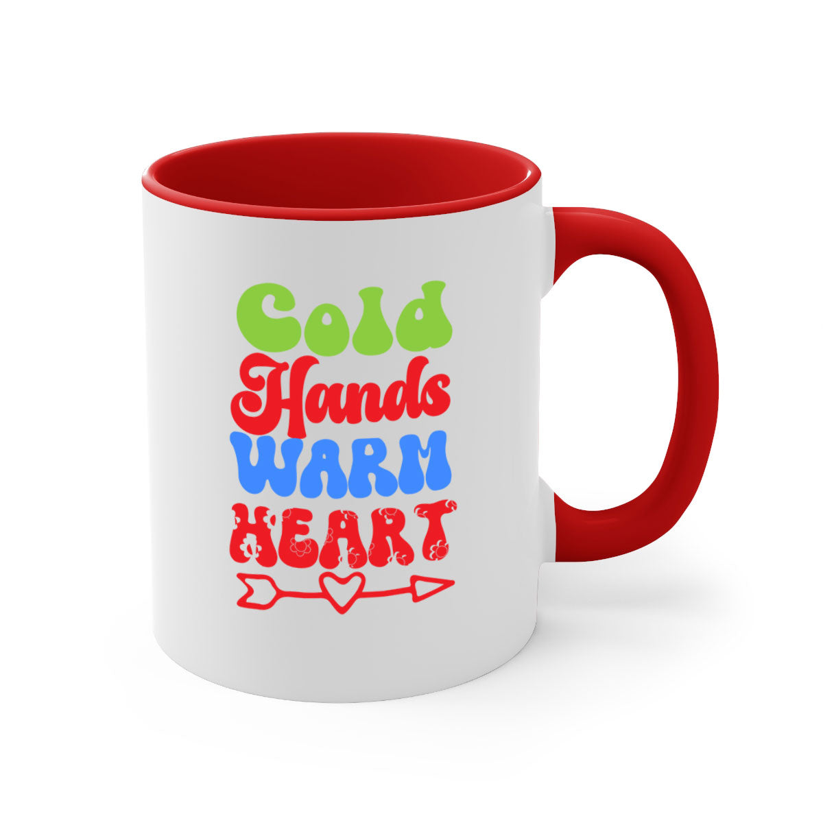 Cold Hands Warm Heart Mug in five color options with a glossy finish and C-shaped handle, perfect for coffee and tea.
