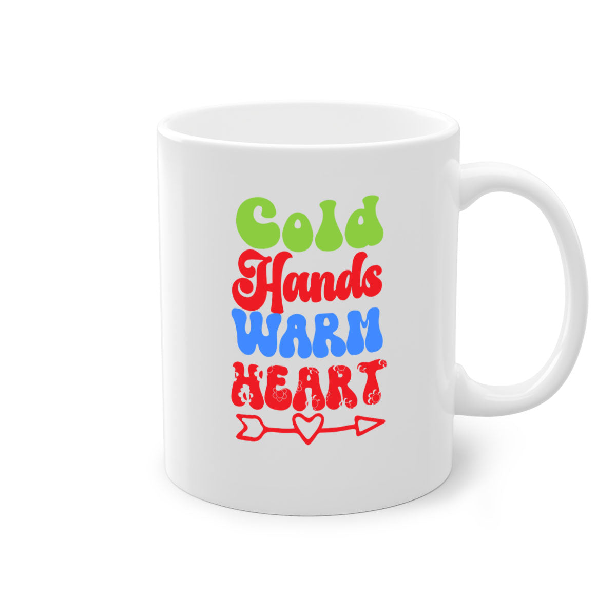 Cold Hands Warm Heart Mug in five color options with a glossy finish and C-shaped handle, perfect for coffee and tea.