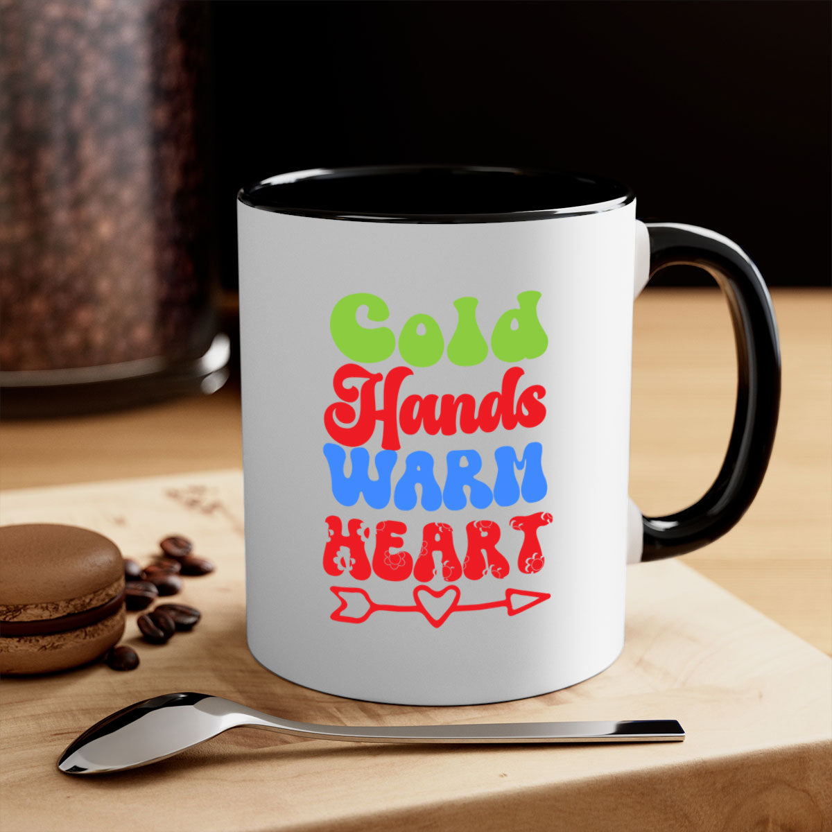 Cold Hands Warm Heart Mug in five color options with a glossy finish and C-shaped handle, perfect for coffee and tea.