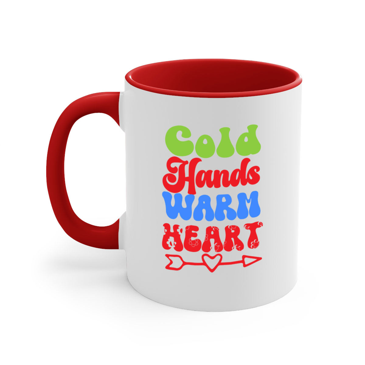 Cold Hands Warm Heart Mug in five color options with a glossy finish and C-shaped handle, perfect for coffee and tea.