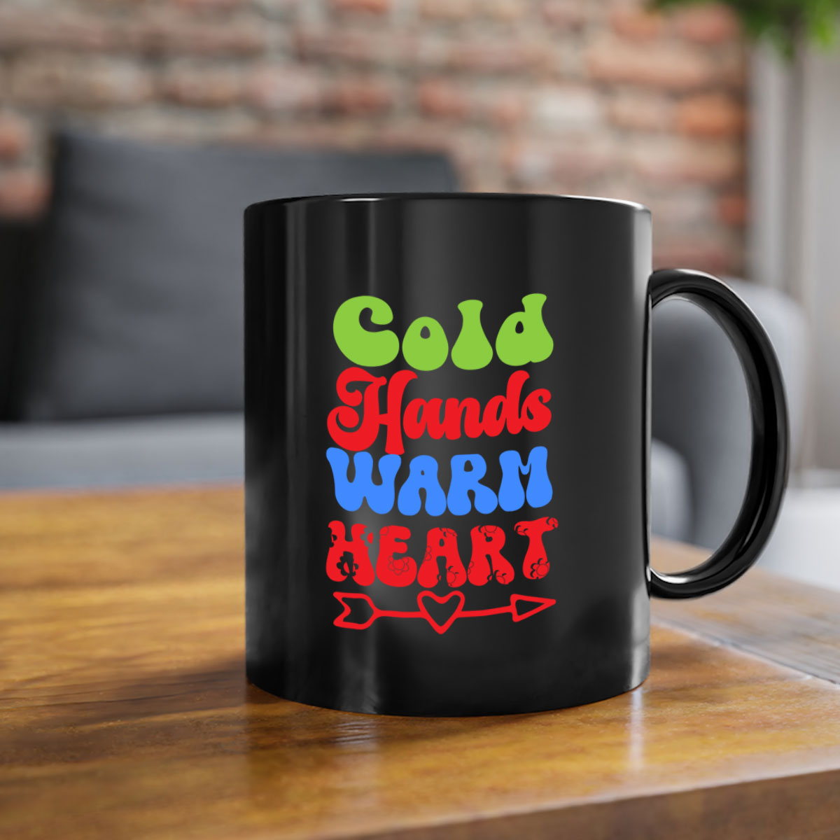 Cold Hands Warm Heart Mug in five color options with a glossy finish and C-shaped handle, perfect for coffee and tea.