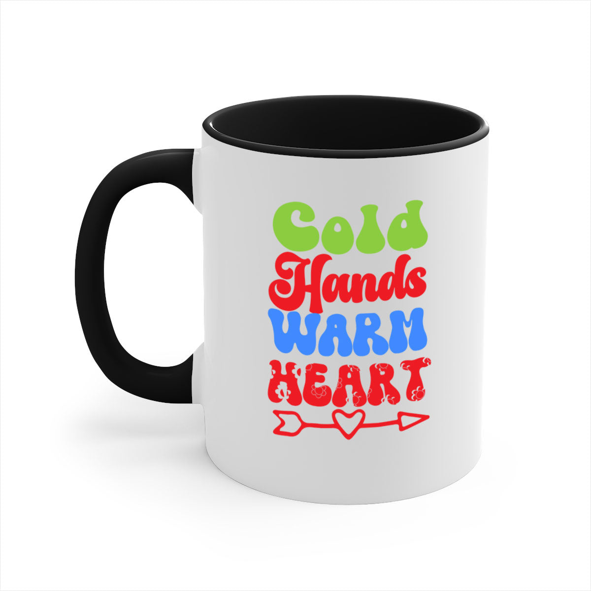 Cold Hands Warm Heart Mug in five color options with a glossy finish and C-shaped handle, perfect for coffee and tea.