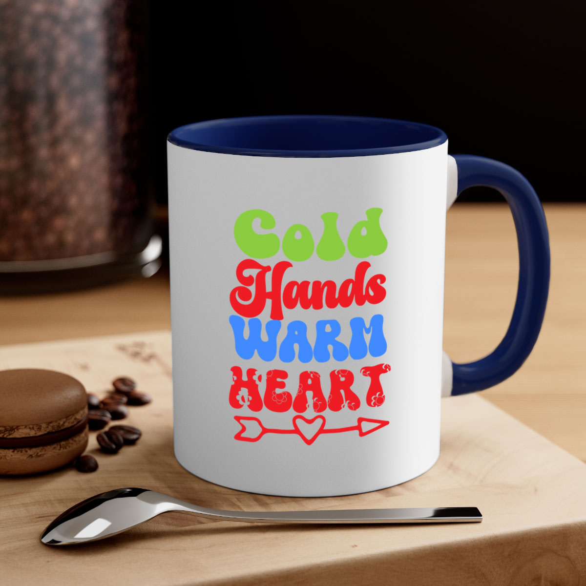 Cold Hands Warm Heart Mug in five color options with a glossy finish and C-shaped handle, perfect for coffee and tea.