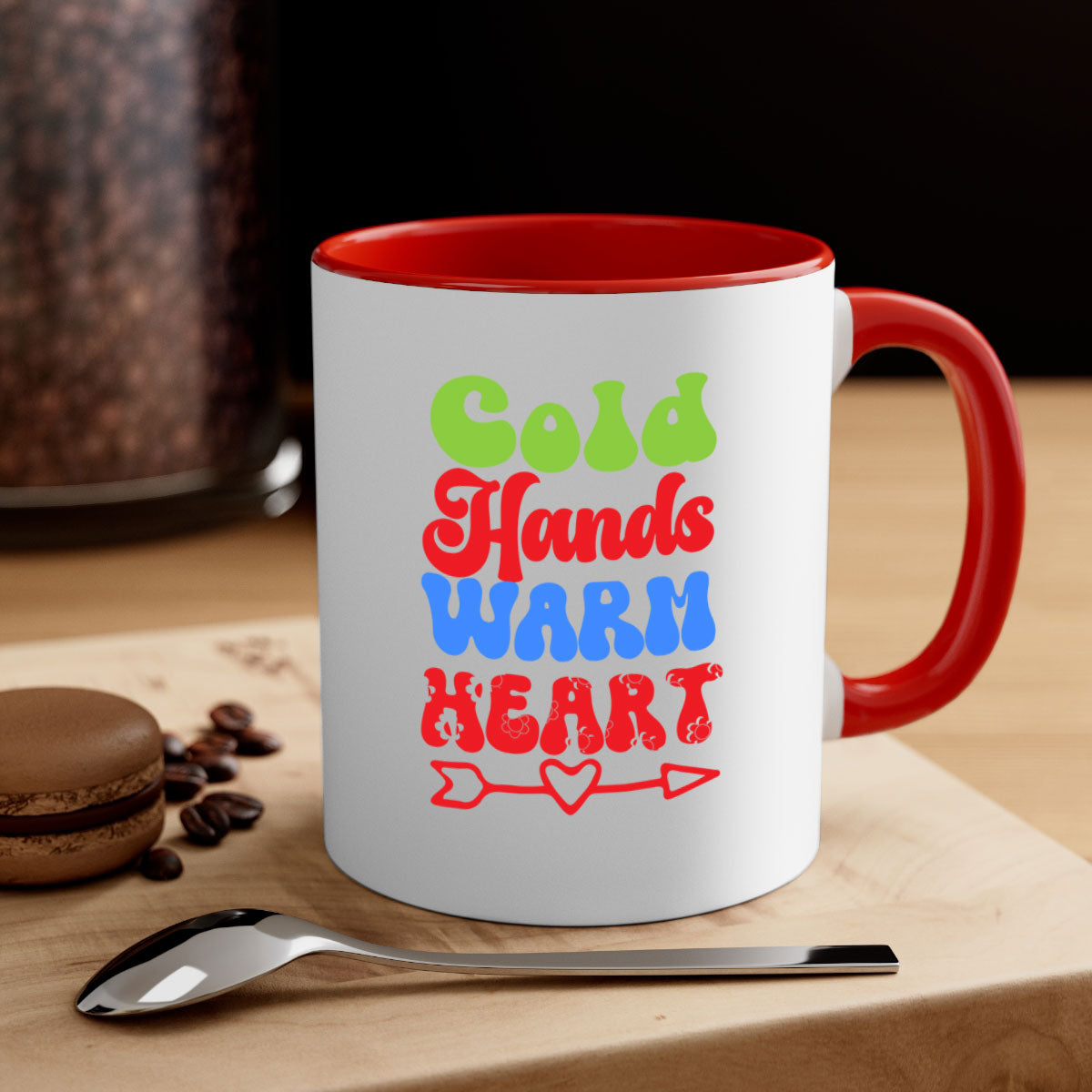 Cold Hands Warm Heart Mug in five color options with a glossy finish and C-shaped handle, perfect for coffee and tea.