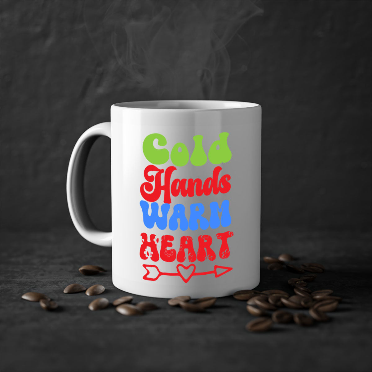 Cold Hands Warm Heart Mug in five color options with a glossy finish and C-shaped handle, perfect for coffee and tea.