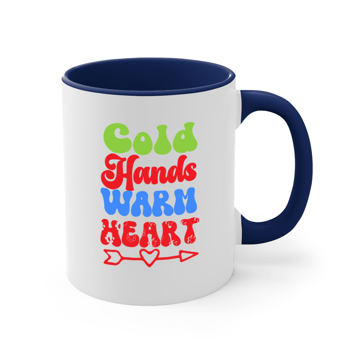 Cold Hands Warm Heart Mug in five color options with a glossy finish and C-shaped handle, perfect for coffee and tea.
