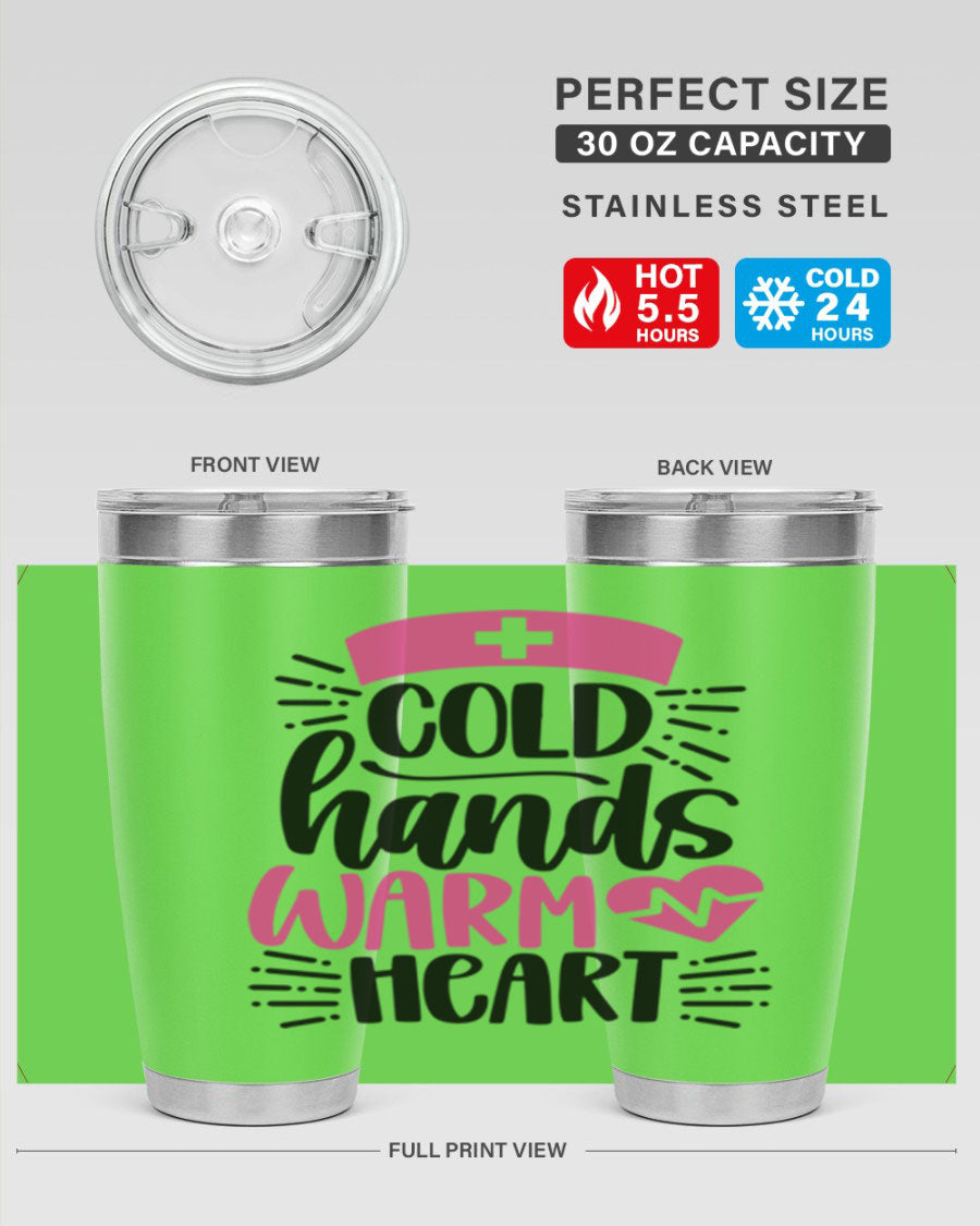 Cold Hands Warm Heart Style 206# tumbler in stainless steel with a drink-thru lid, showcasing its sleek design and vibrant print.