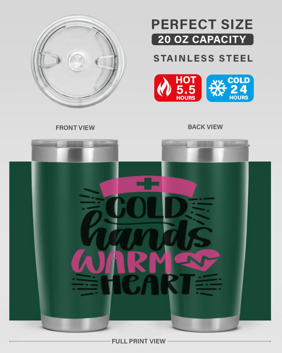 Cold Hands Warm Heart Style 206# tumbler in stainless steel with a drink-thru lid, showcasing its sleek design and vibrant print.