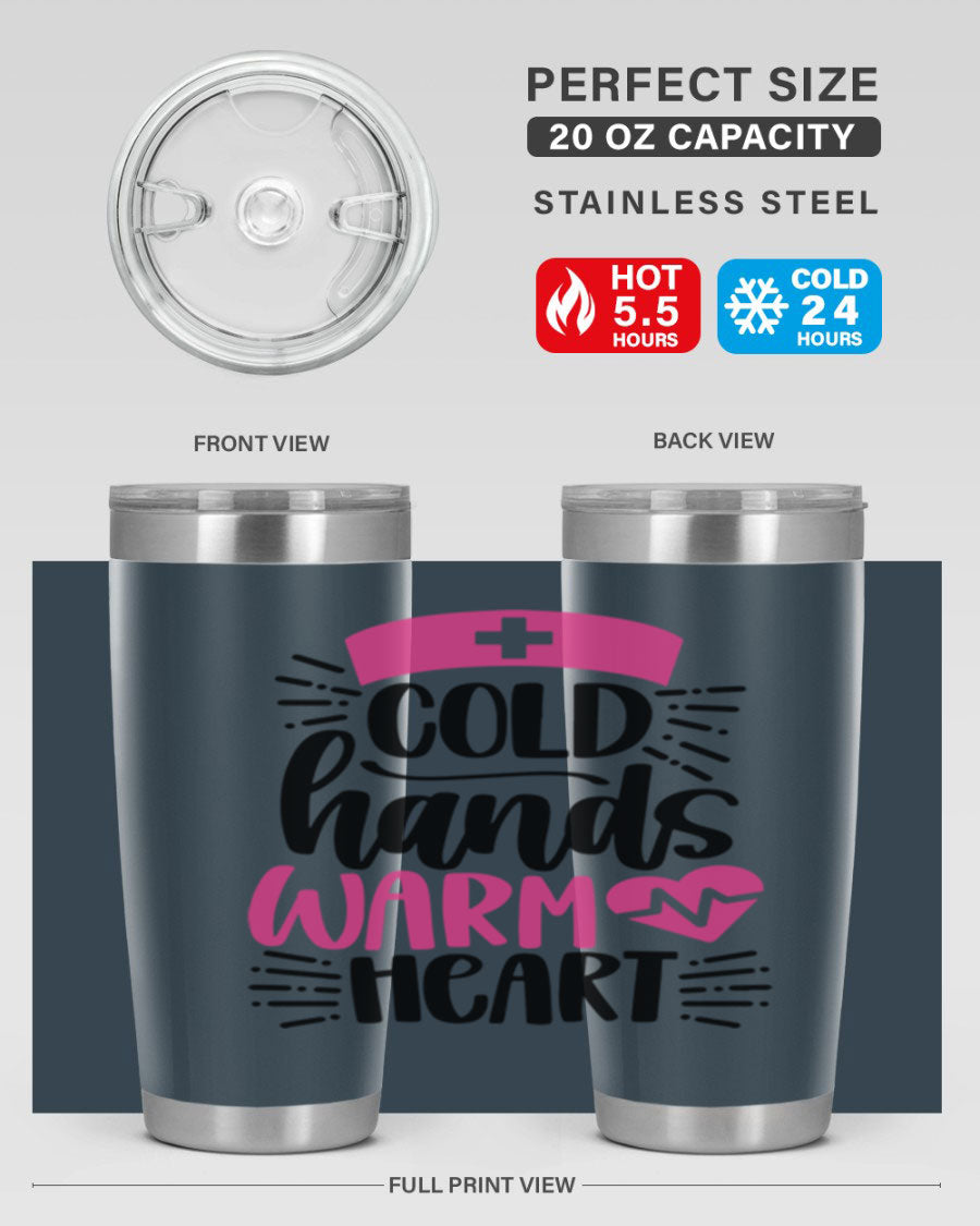 Cold Hands Warm Heart Style 206# tumbler in stainless steel with a drink-thru lid, showcasing its sleek design and vibrant print.