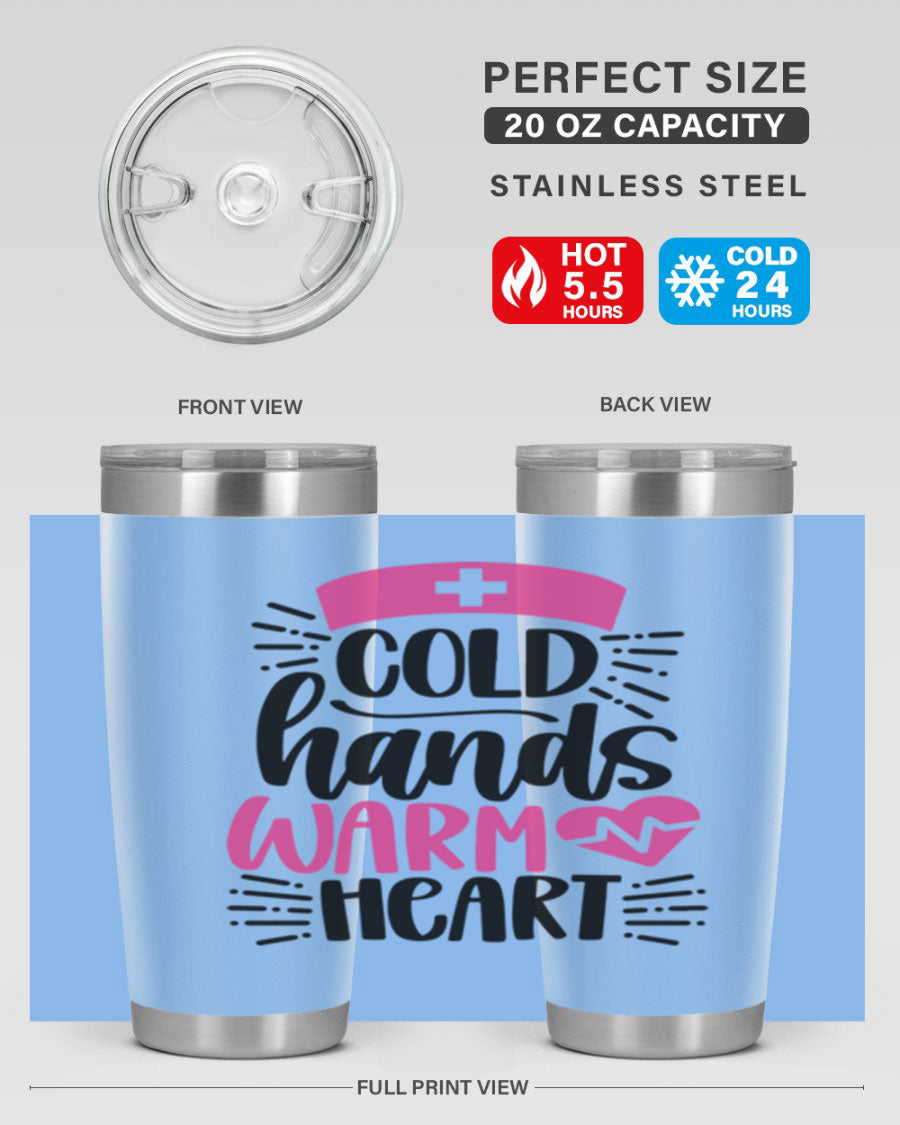Cold Hands Warm Heart Style 206# tumbler in stainless steel with a drink-thru lid, showcasing its sleek design and vibrant print.