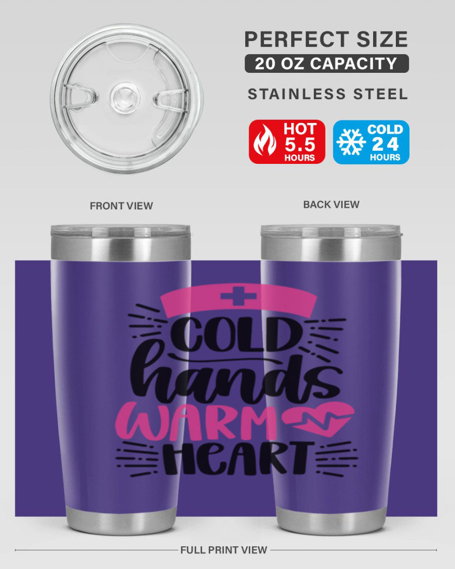 Cold Hands Warm Heart Style 206# tumbler in stainless steel with a drink-thru lid, showcasing its sleek design and vibrant print.