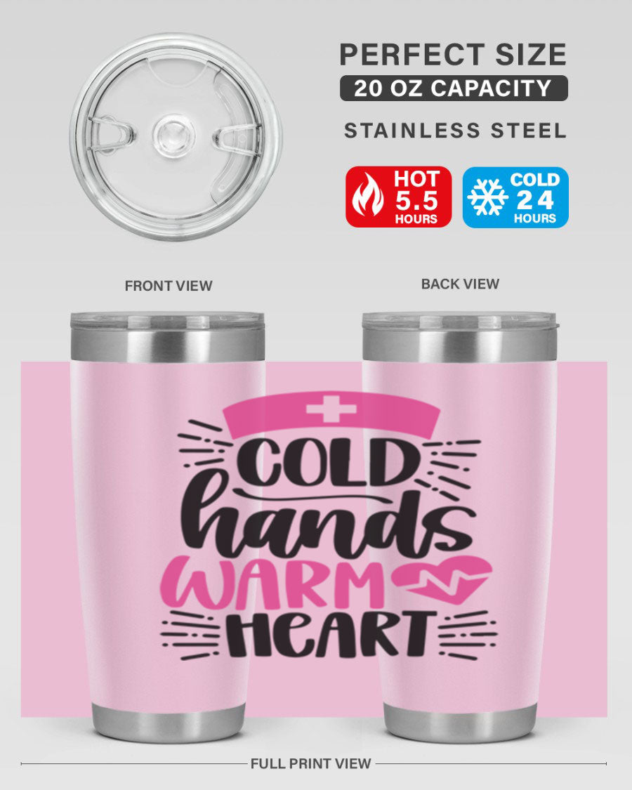 Cold Hands Warm Heart Style 206# tumbler in stainless steel with a drink-thru lid, showcasing its sleek design and vibrant print.
