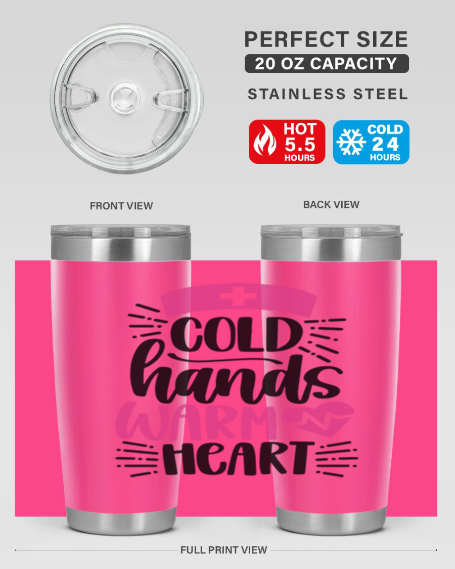 Cold Hands Warm Heart Style 206# tumbler in stainless steel with a drink-thru lid, showcasing its sleek design and vibrant print.