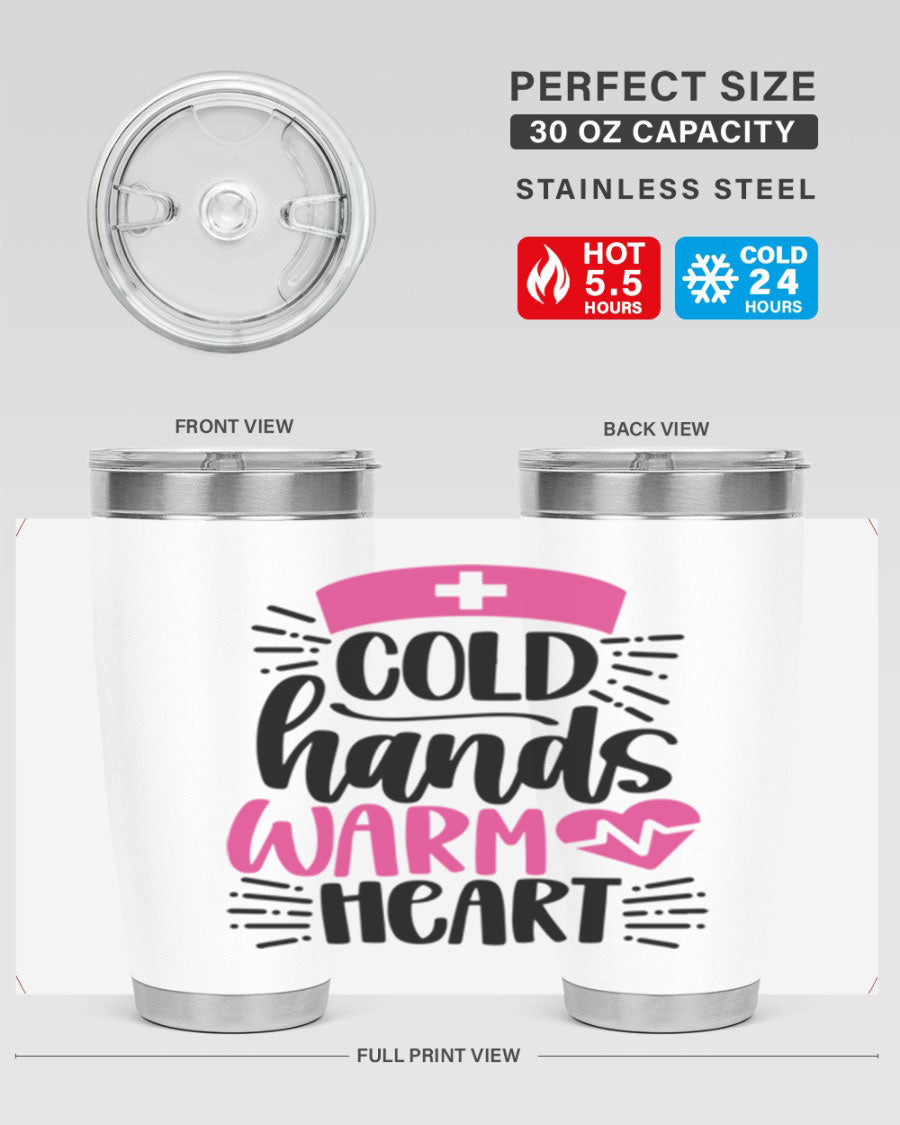 Cold Hands Warm Heart Style 206# tumbler in stainless steel with a drink-thru lid, showcasing its sleek design and vibrant print.