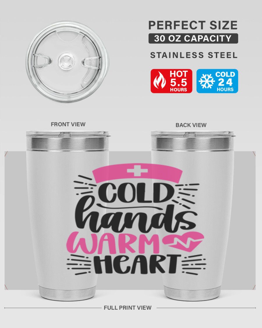 Cold Hands Warm Heart Style 206# tumbler in stainless steel with a drink-thru lid, showcasing its sleek design and vibrant print.