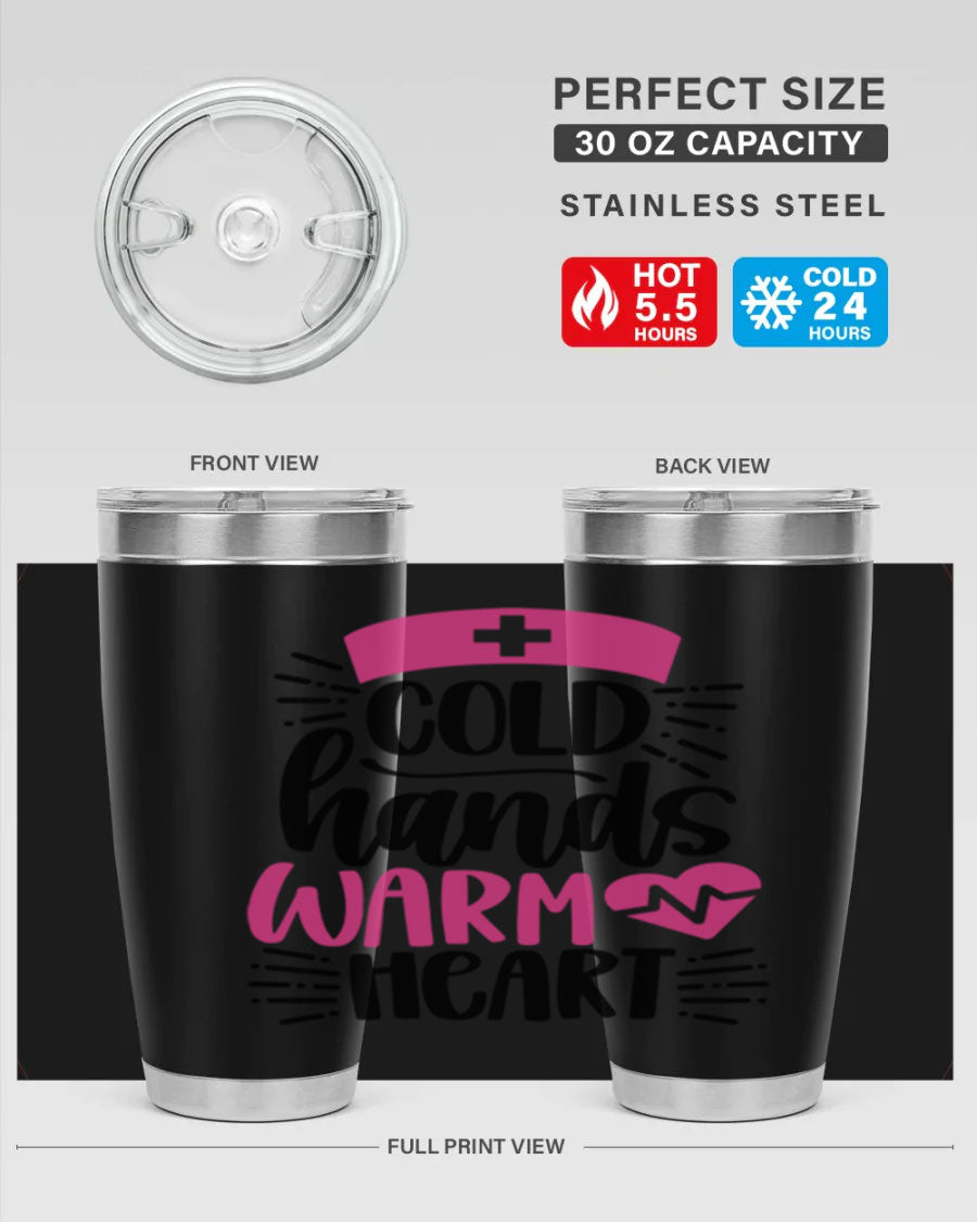 Cold Hands Warm Heart Style 206# tumbler in stainless steel with a drink-thru lid, showcasing its sleek design and vibrant print.