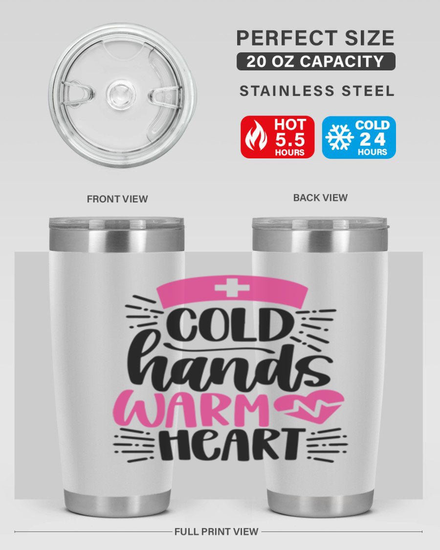 Cold Hands Warm Heart Style 206# tumbler in stainless steel with a drink-thru lid, showcasing its sleek design and vibrant print.