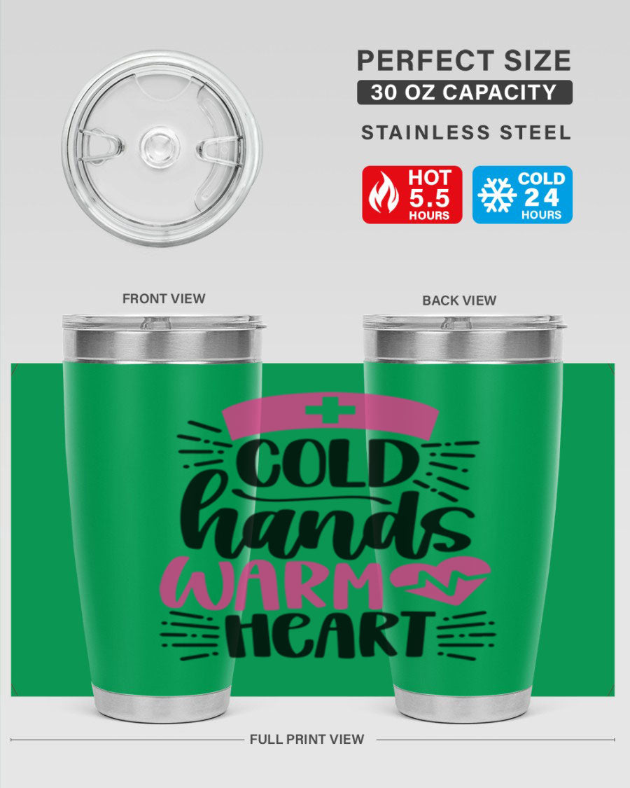 Cold Hands Warm Heart Style 206# tumbler in stainless steel with a drink-thru lid, showcasing its sleek design and vibrant print.