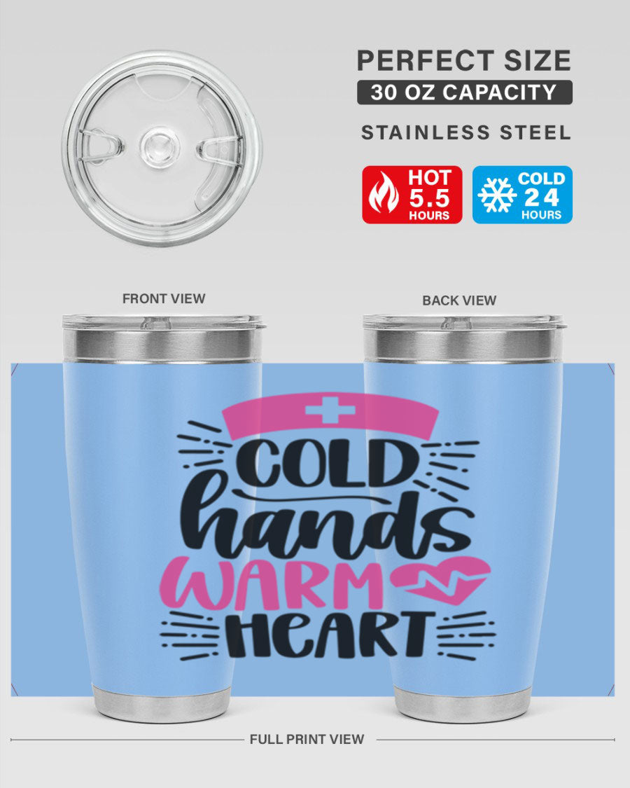 Cold Hands Warm Heart Style 206# tumbler in stainless steel with a drink-thru lid, showcasing its sleek design and vibrant print.