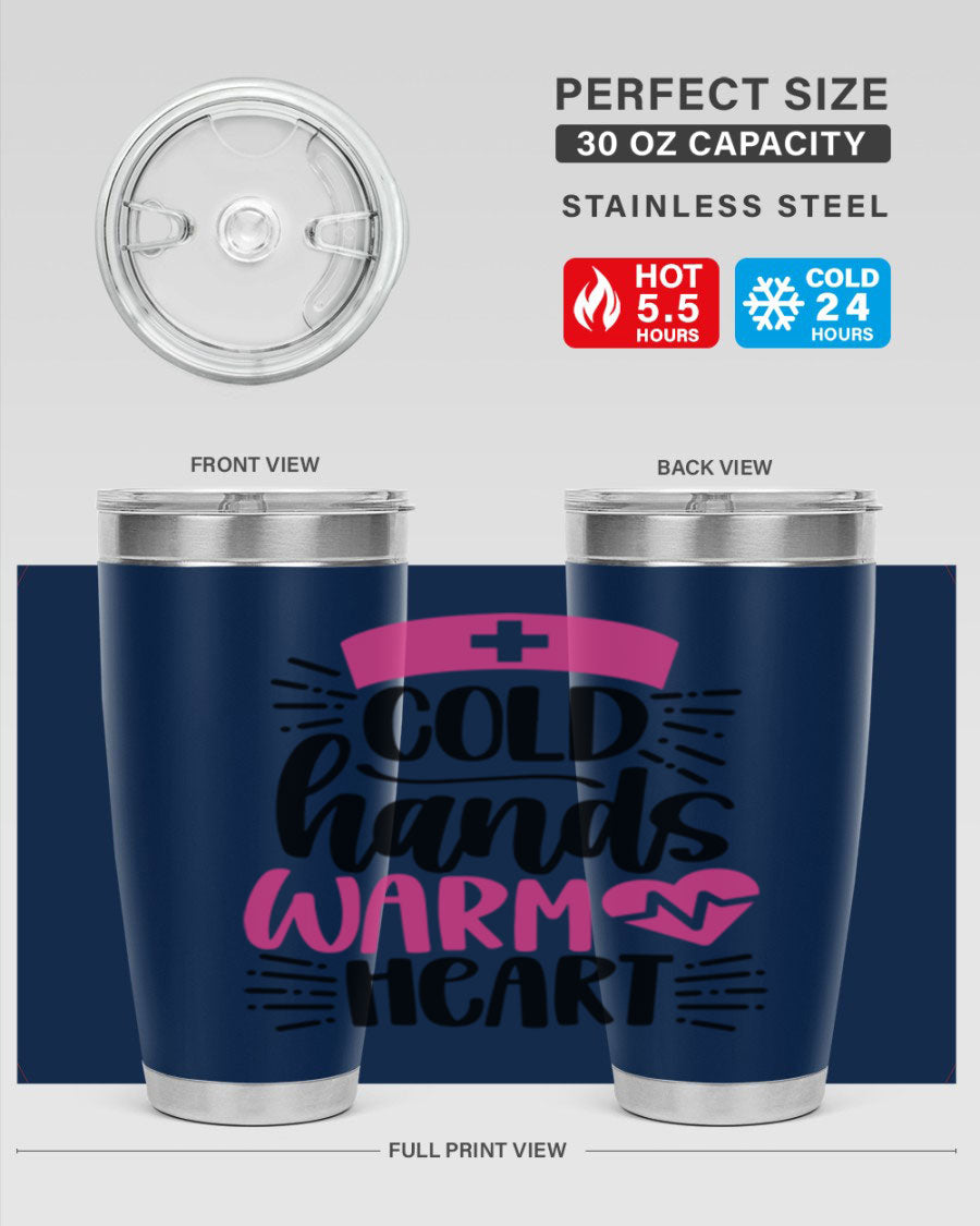 Cold Hands Warm Heart Style 206# tumbler in stainless steel with a drink-thru lid, showcasing its sleek design and vibrant print.