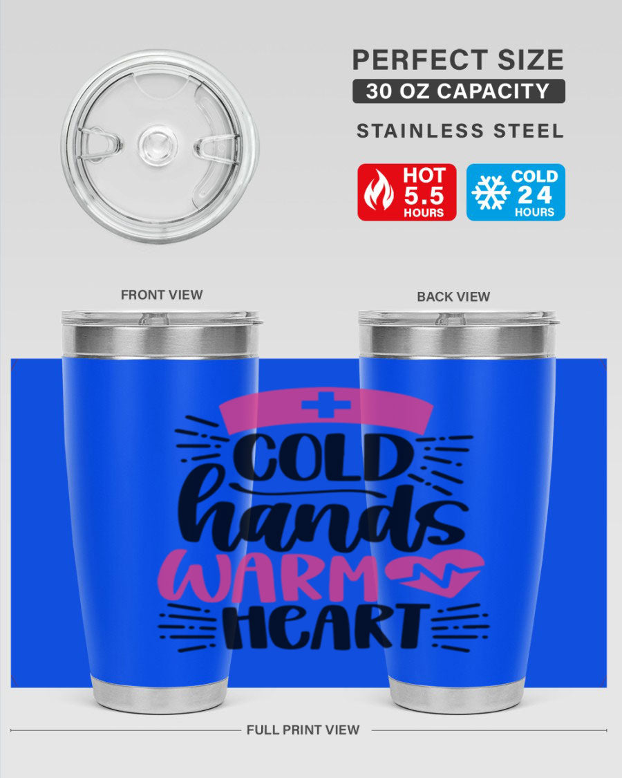 Cold Hands Warm Heart Style 206# tumbler in stainless steel with a drink-thru lid, showcasing its sleek design and vibrant print.