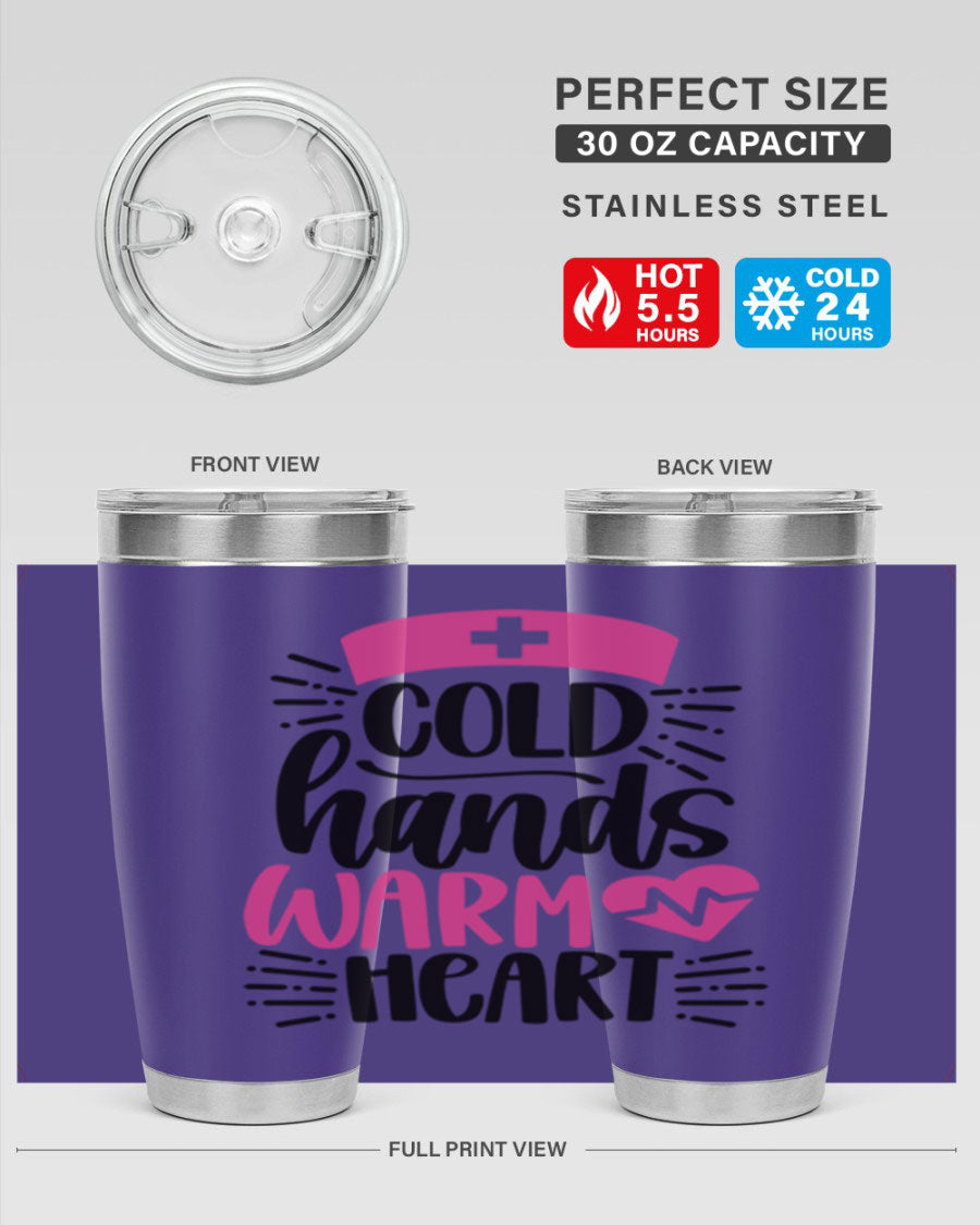 Cold Hands Warm Heart Style 206# tumbler in stainless steel with a drink-thru lid, showcasing its sleek design and vibrant print.