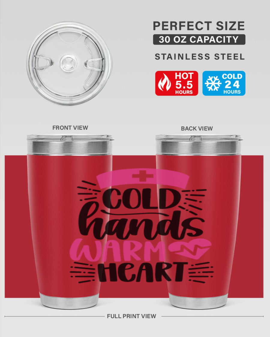 Cold Hands Warm Heart Style 206# tumbler in stainless steel with a drink-thru lid, showcasing its sleek design and vibrant print.