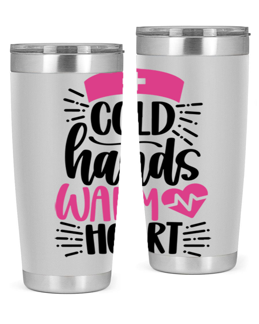 Cold Hands Warm Heart Style 206# tumbler in stainless steel with a drink-thru lid, showcasing its sleek design and vibrant print.