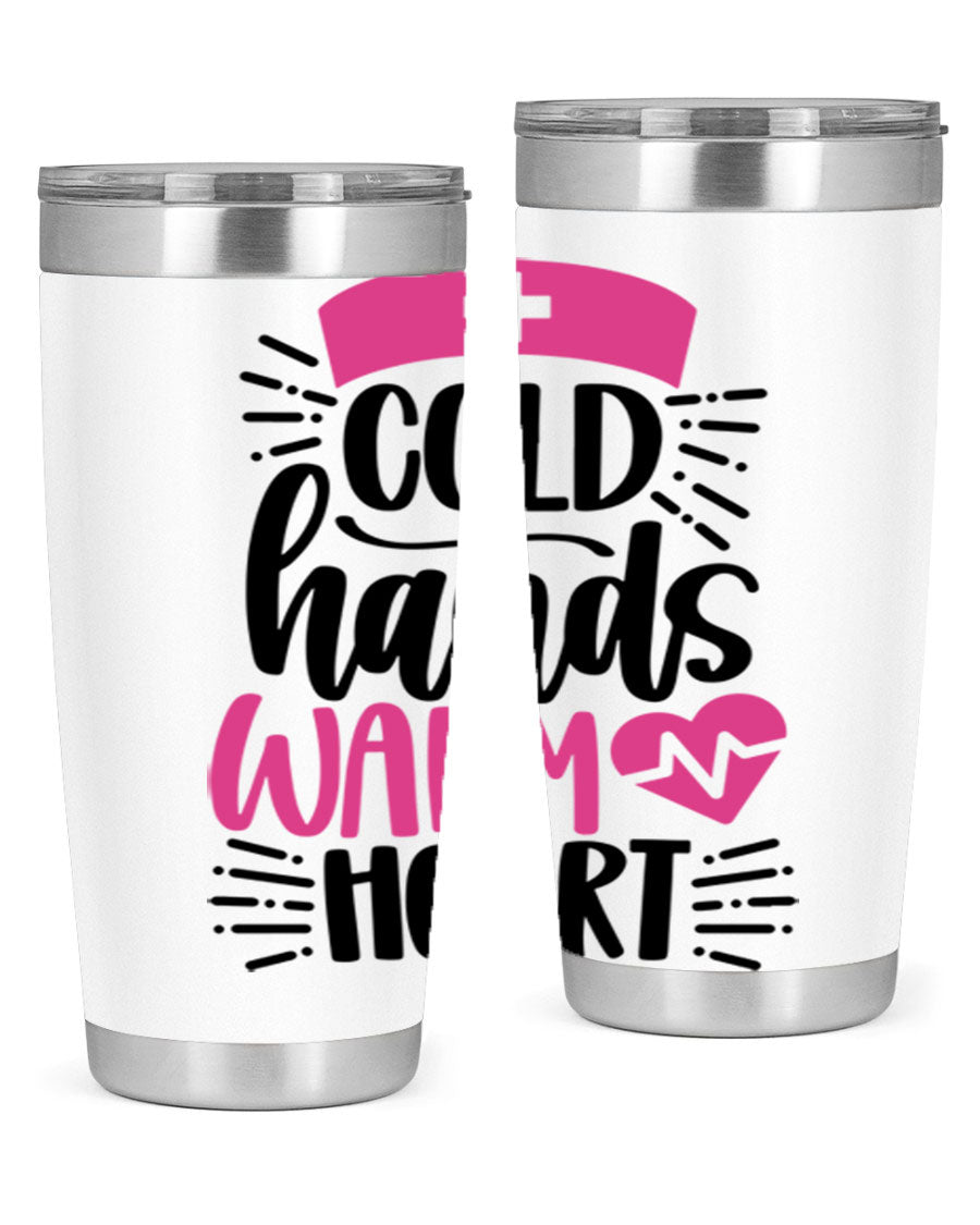 Cold Hands Warm Heart Style 206# tumbler in stainless steel with a drink-thru lid, showcasing its sleek design and vibrant print.