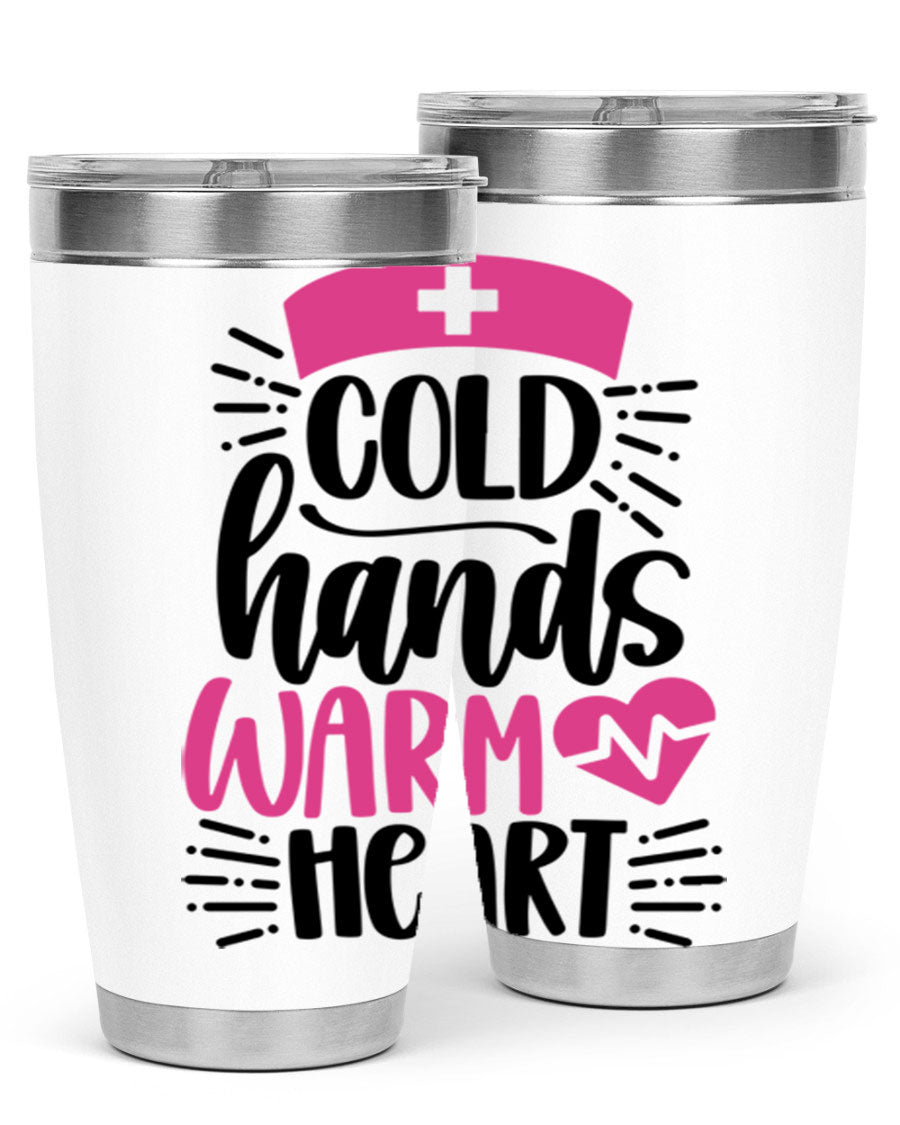 Cold Hands Warm Heart Style 206# tumbler in stainless steel with a drink-thru lid, showcasing its sleek design and vibrant print.