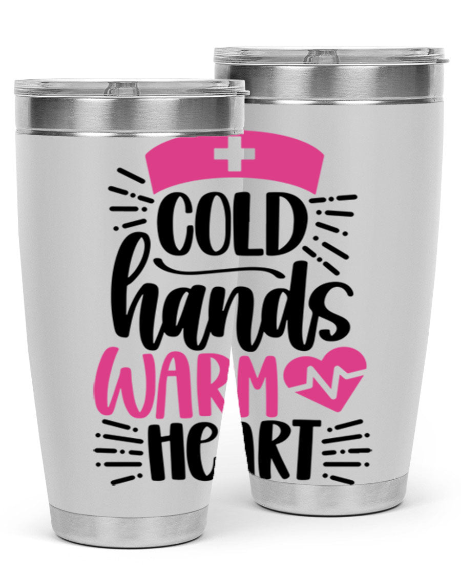 Cold Hands Warm Heart Style 206# tumbler in stainless steel with a drink-thru lid, showcasing its sleek design and vibrant print.