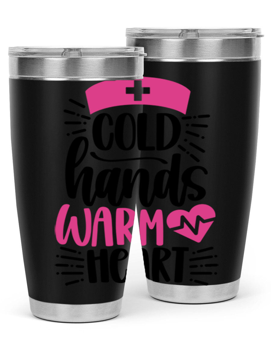Cold Hands Warm Heart Style 206# tumbler in stainless steel with a drink-thru lid, showcasing its sleek design and vibrant print.