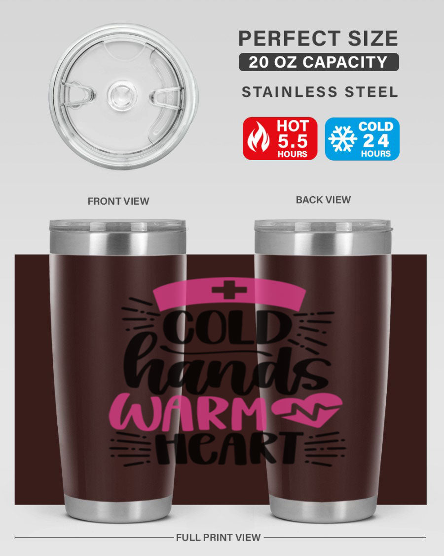 Cold Hands Warm Heart Style 206# tumbler in stainless steel with a drink-thru lid, showcasing its sleek design and vibrant print.