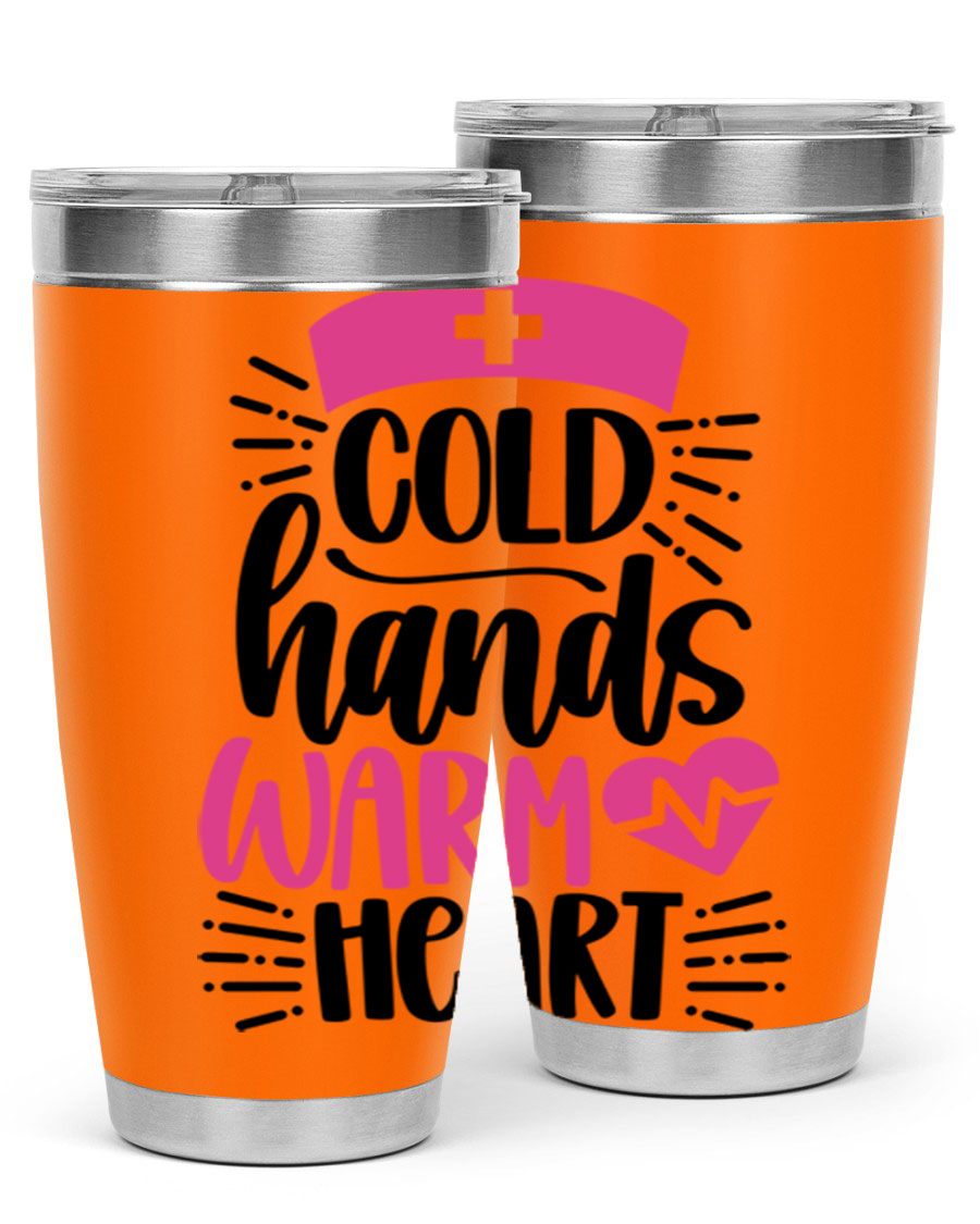 Cold Hands Warm Heart Style 206# tumbler in stainless steel with a drink-thru lid, showcasing its sleek design and vibrant print.