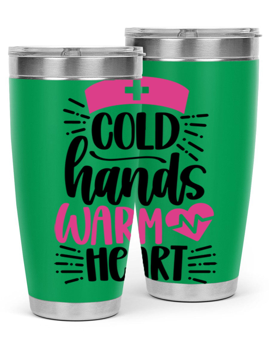 Cold Hands Warm Heart Style 206# tumbler in stainless steel with a drink-thru lid, showcasing its sleek design and vibrant print.