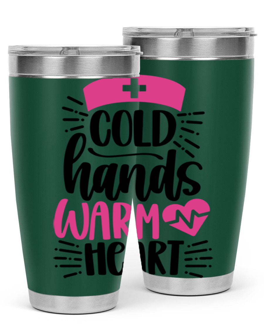 Cold Hands Warm Heart Style 206# tumbler in stainless steel with a drink-thru lid, showcasing its sleek design and vibrant print.