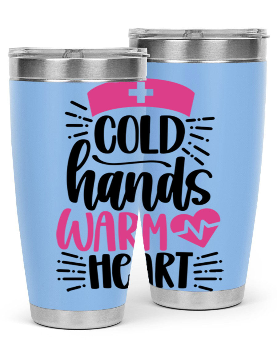 Cold Hands Warm Heart Style 206# tumbler in stainless steel with a drink-thru lid, showcasing its sleek design and vibrant print.
