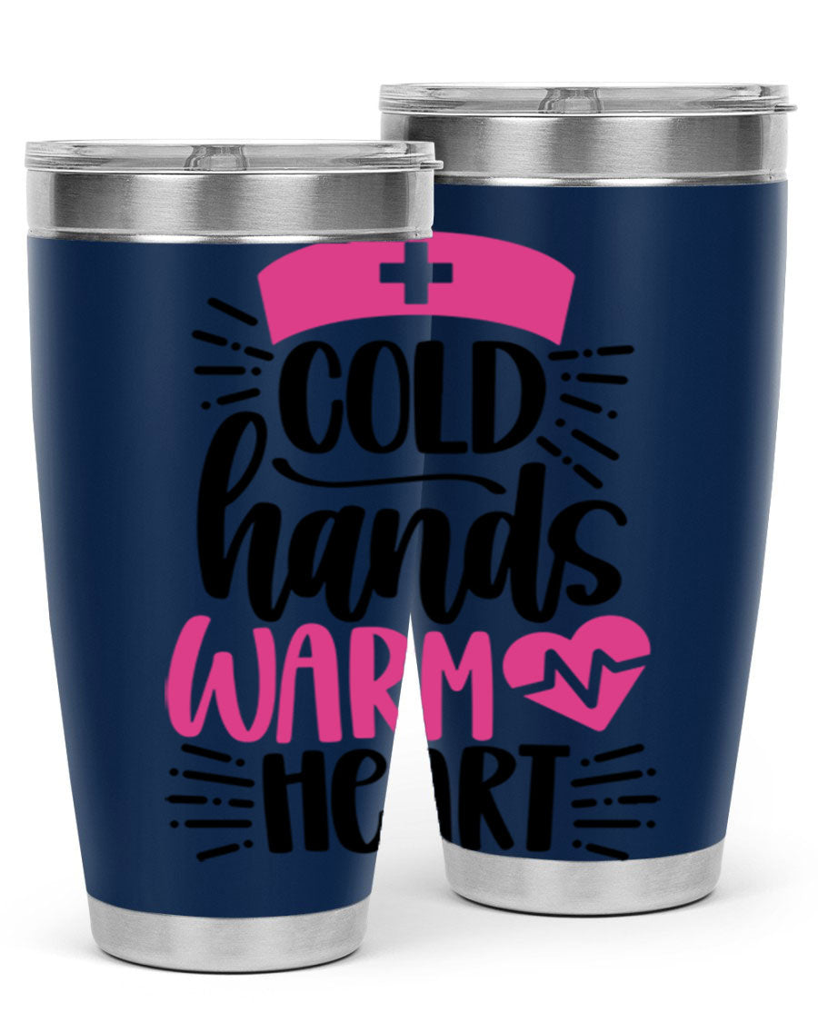Cold Hands Warm Heart Style 206# tumbler in stainless steel with a drink-thru lid, showcasing its sleek design and vibrant print.