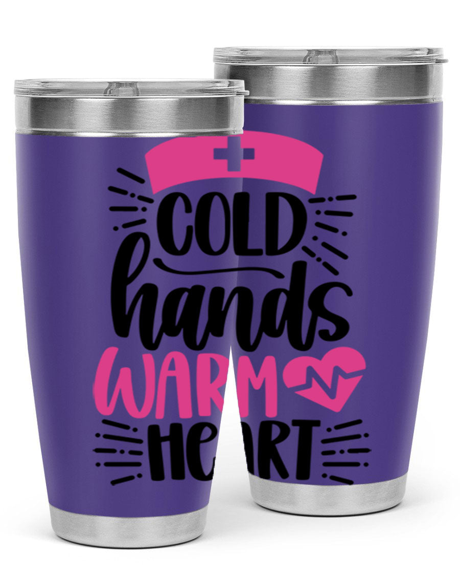 Cold Hands Warm Heart Style 206# tumbler in stainless steel with a drink-thru lid, showcasing its sleek design and vibrant print.