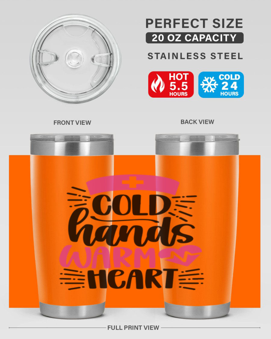 Cold Hands Warm Heart Style 206# tumbler in stainless steel with a drink-thru lid, showcasing its sleek design and vibrant print.
