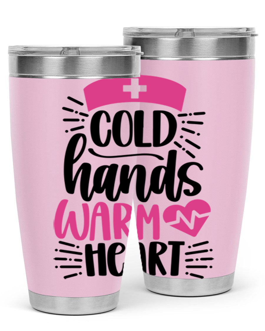 Cold Hands Warm Heart Style 206# tumbler in stainless steel with a drink-thru lid, showcasing its sleek design and vibrant print.