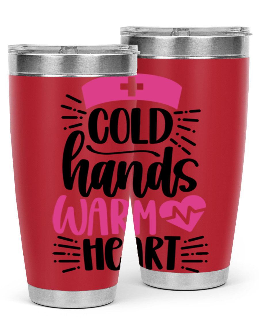 Cold Hands Warm Heart Style 206# tumbler in stainless steel with a drink-thru lid, showcasing its sleek design and vibrant print.