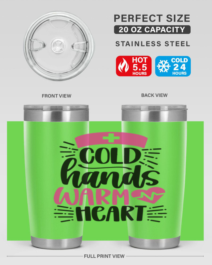 Cold Hands Warm Heart Style 206# tumbler in stainless steel with a drink-thru lid, showcasing its sleek design and vibrant print.